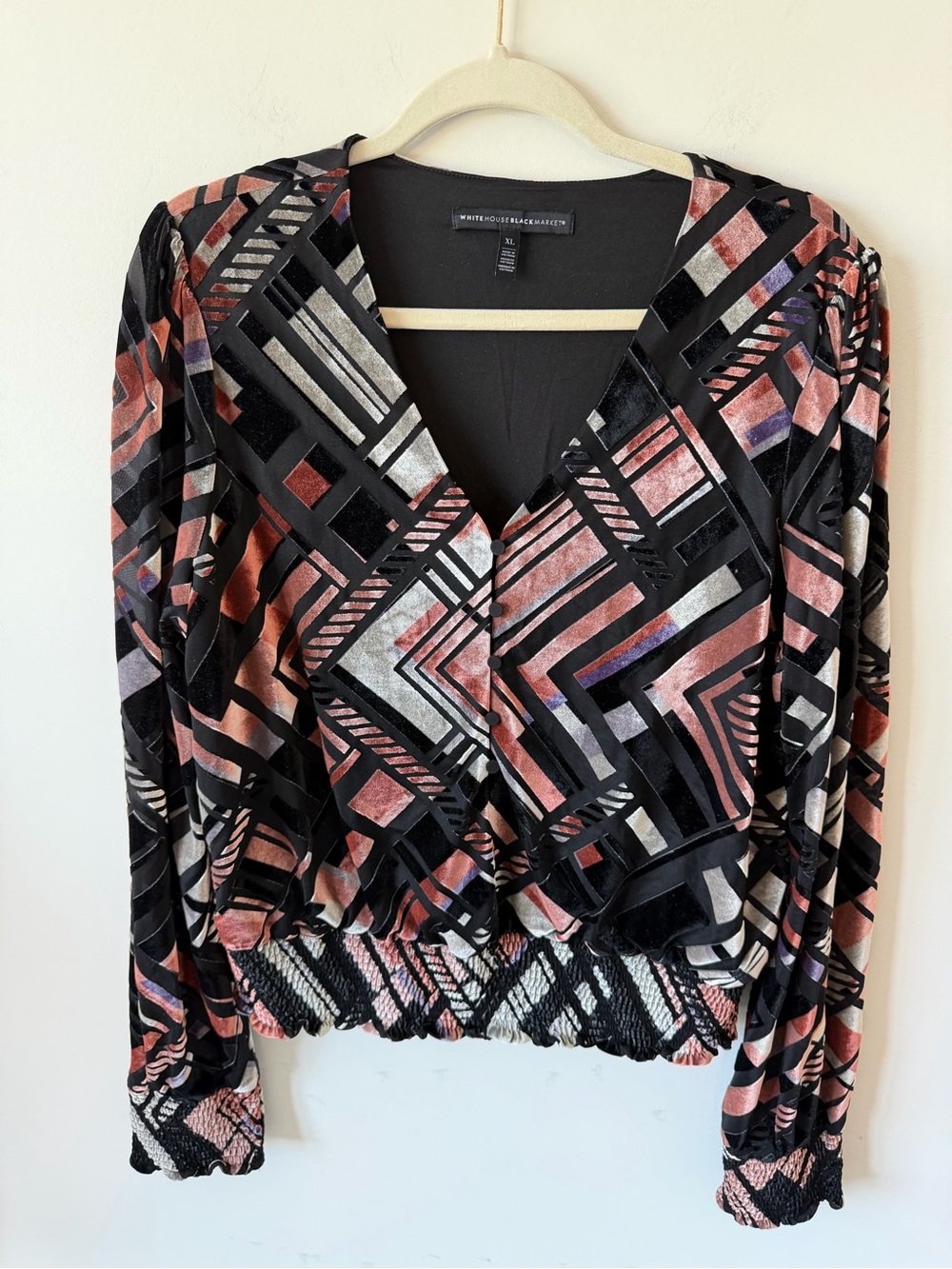 White House Black Market Pink & Black Geometric Velvet Burnout Top Boho Retro